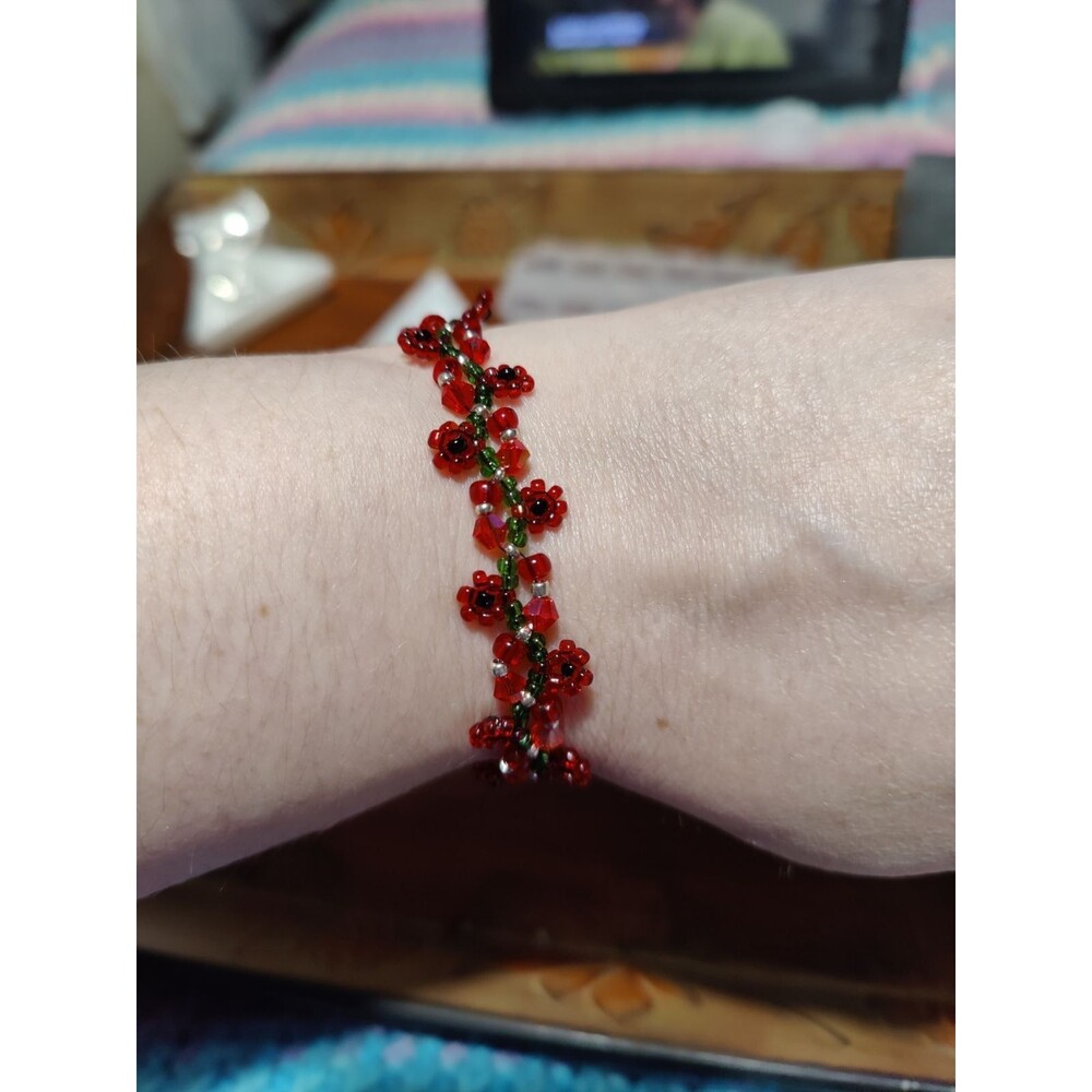Handmade Red Flowers and Jewels Bracelet